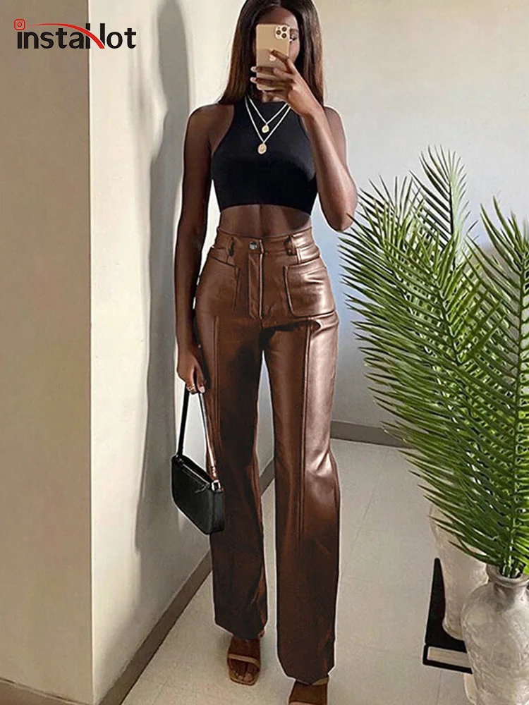 

InstaHot Women Faux Leather Straight Pant Trousers Autum Pockets High Waist 2020 Streetwear Office Lady Casual Solid Slim Capris