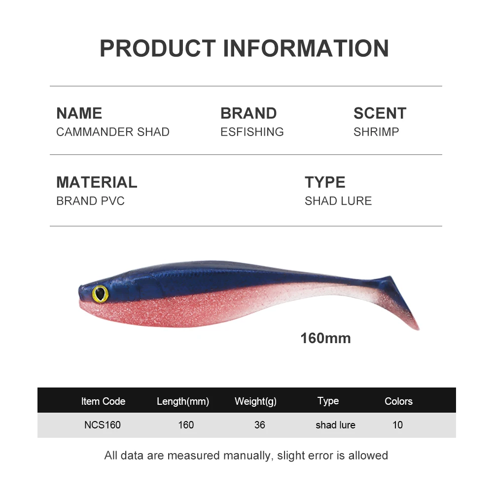 ESFISHING Quality professional Soft baits Commander Shad 16cm 36g 3pcs Bass Lure Sea fishing for Big Catching Fish Smell