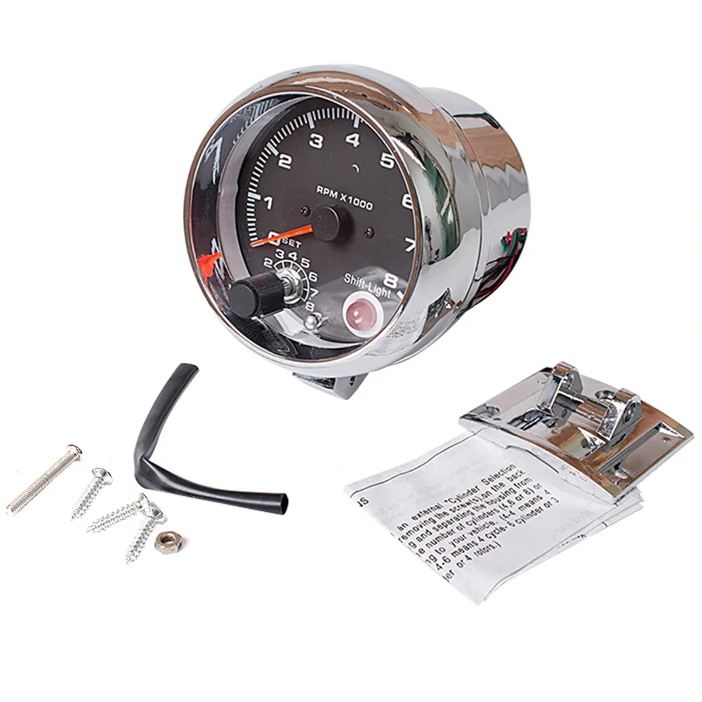 New GAUGE Car Gauge 3.75 Inch 95mm Tachometer Chrome for 7 LED Colors Adjustable 12V 3 3/4&quot Meter 0-8000 RPM TAC Shift-Light |