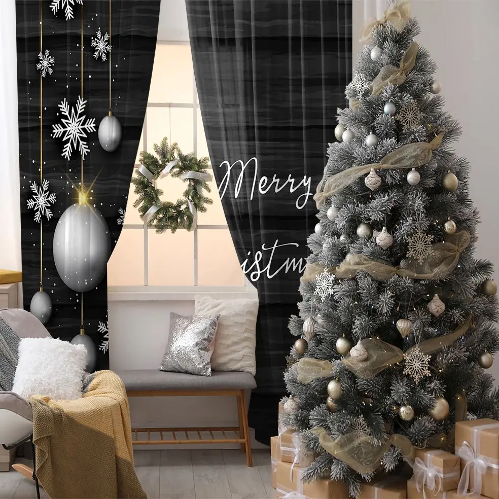 

Curtain Snowflakes Decorating Balls on Wooden Background Festive Theme Merry Christmas Art Gray Black