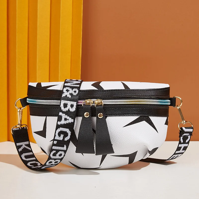 

Vintage Letter Wide Strap Crossbody Bag Women Designer Luxury PU Leather Lady Shoulder Messenger Bag Small Zip Saddle Bag Female