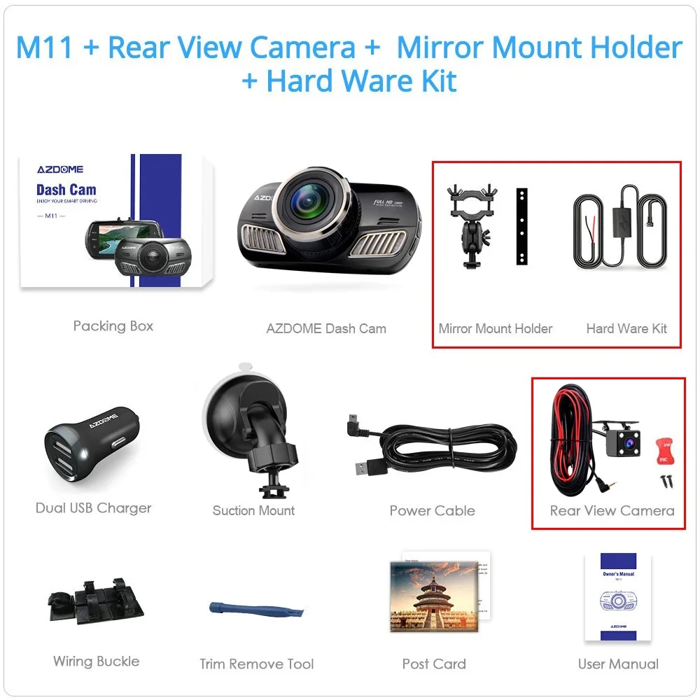 M11-RVC-MMH-HWK AZDOME M11 Dash Cam 3 дюймов 2.5D ips экран Автомобильный видеорегистратор HD 1080P Автомобильный видеорегистратор ночного видения Dash камера gps - Название цвета: M11-RVC-MMH-HWK