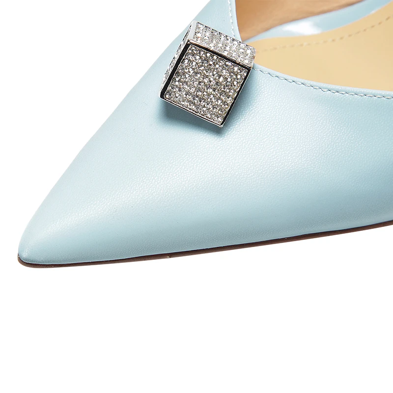 

Fashion Summer Shoes Heels Leather Rhinestone Off White Sandals Women Pointed Toe High Heel 8cm Slip On Blue Party Shoes Size 33