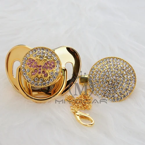 MIYOCAR, золотой, горный хрусталь, розовый, блестящий, Бабочка, bling, соска и пустышка, зажим, набор, соска, держатель цепи, BPA fress, безопасный APBF - Color: APBF-8  0-6m