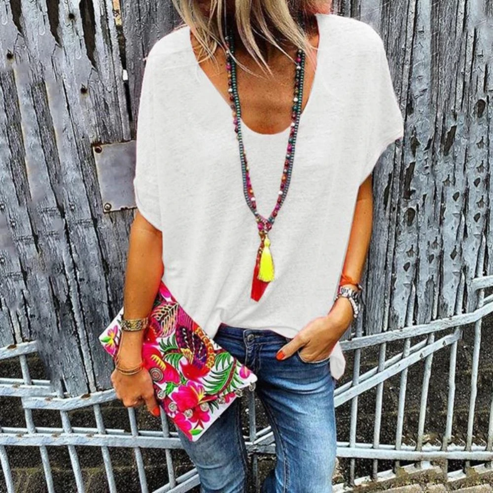 

Candy Color Short Sleeve T-shirt Women Loose V Neck T-shirt Ladies Streetwear All-match Top Sweet Soft T-shirt