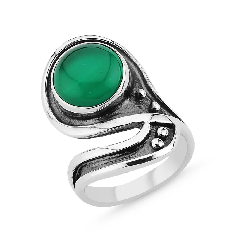 

Silver 925 Sterling Green Agate Stone Handwork Ring