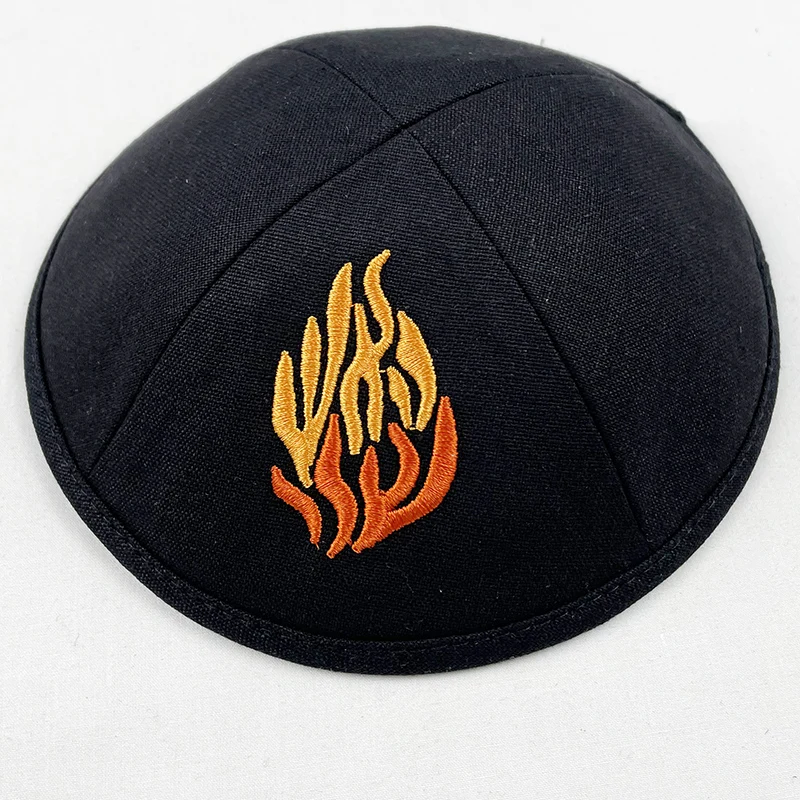 18 см хлопковая льняная кипа с вышивкой огня для мужчин шапка Yamaka Kippot черная белая