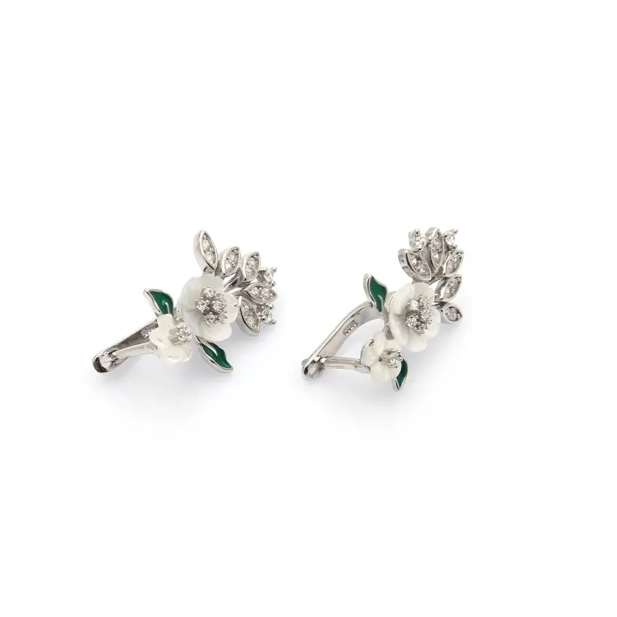

Gorgeous Green And White Earrings With A Touch Of Emerald Mother of Pearl and Zircon Gemstones 925 Sterling Silver