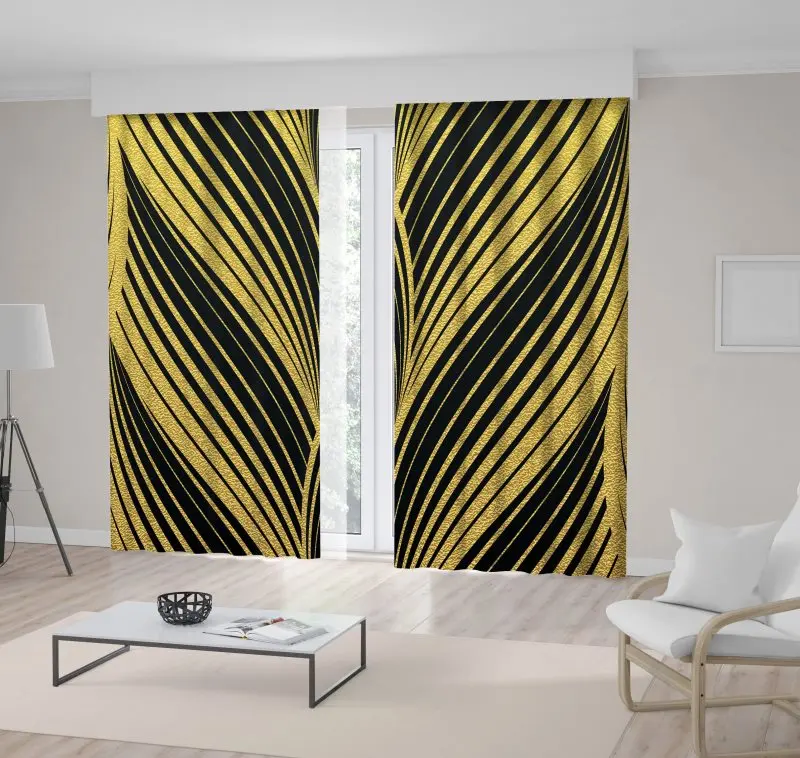 

Curtain Gold Leaf Pattern on Black Background Abstract Waves Curvy Lines Stylish Artwork