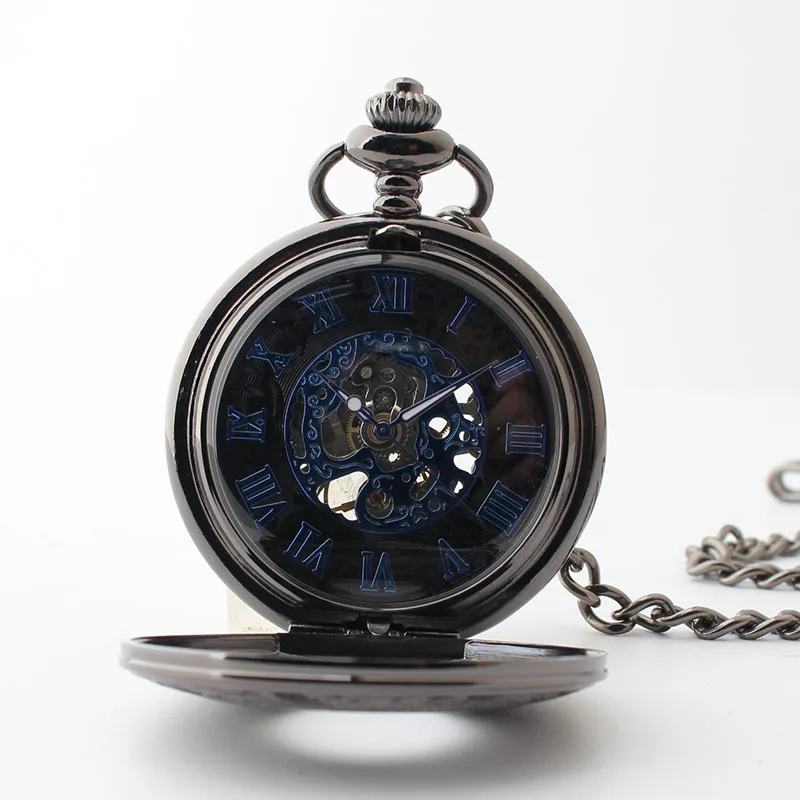 Vintage Blue Glamour Pocket Watches Mechanical Automatic Steampunk Retro Bronze Unisex Pocket&Fob Chain Watches reloj hombre