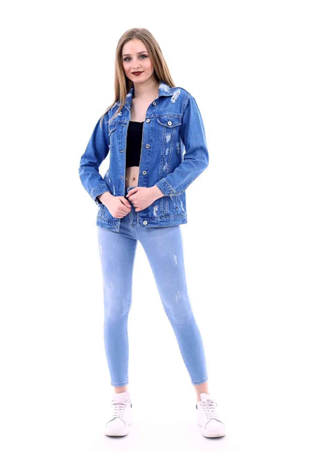 

Back Printed Denim Jacket + Ice Blue Jeans Pants The boiler new season two-piece torn jacket and pants casual