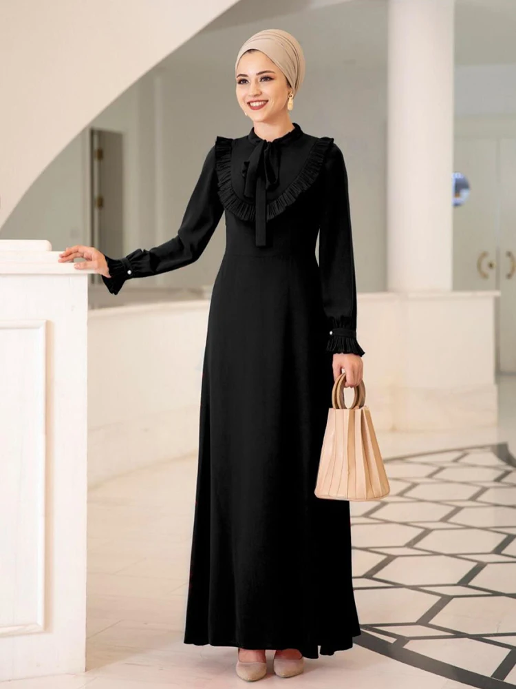 Длинное женское платье-хиджаб с воротником-бантом мусульманская одежда