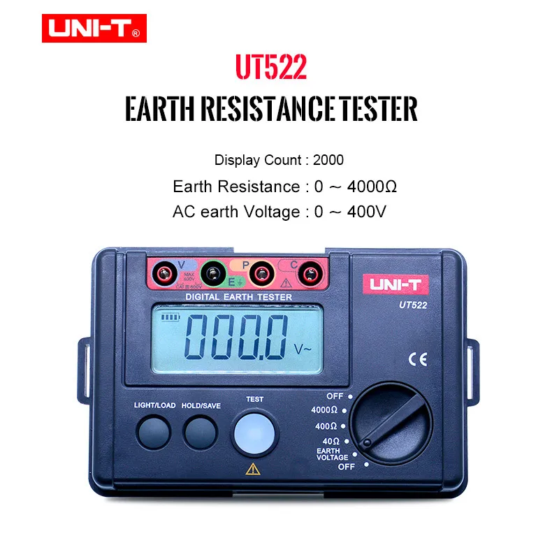 

UNI-T UT522 Digital Earth Ground Meter 0-400V 0-4000 Ohm AC Insulation Resistance Tester With Data Hold & LCD Backlight Display