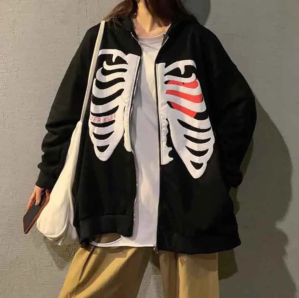 

Fashion Skeleton Loose Printing Streetwears Long-sleeved Men Women Zipper Casual Hoodie Y2K Pullover Hip hop Autumn Jackets