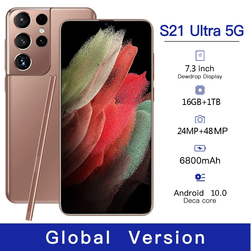 

2021 Unlocked Smartphone S21 Ultra 5G Global Version 7.3 Inch Big Screen 16GB+1TB ROM 6800mAh Battery Android Phone 10.0 Mobile