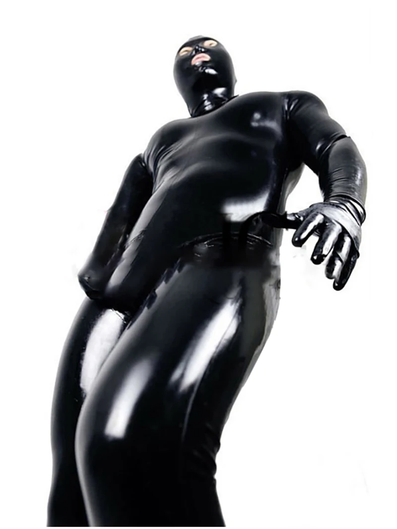 LinMe унисекс Footed Unitard из искусственной кожи ПВХ блестящая Клубная одежда крюк маска комбинезон полный охват Wetlook плюс размер костюмы на Хэллоуин