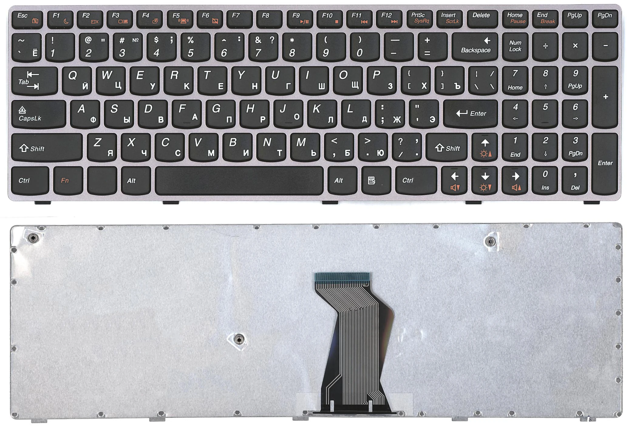 Клавиатура для ноутбука Lenovo IdeaPad B570 B580 V570 черная с серой (серебряной) рамкой |