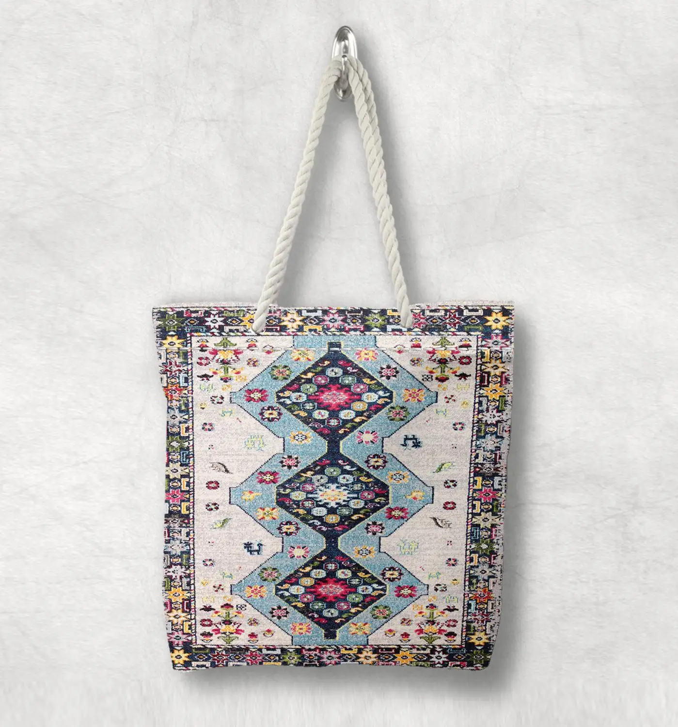 

Else Blue Red Tiles Geometric Antique Anatolia Turkish White Rope Handle Canvas Bag Cotton Canvas Zippered Tote Bag Shoulder Bag