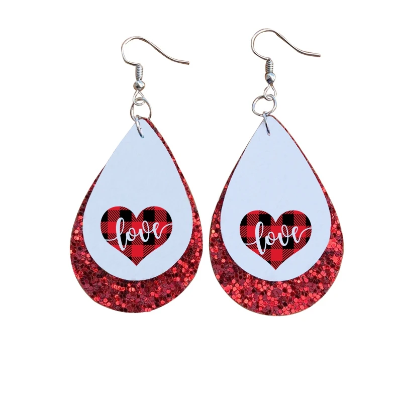 

27 Pairs Plaid Striped Love Heart Pu Leather Earrings Two Layers Red Glitter Valentines Day Stock