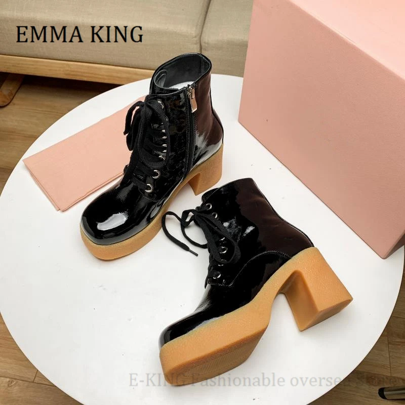 

2020 Autumn Winter Women Lace Up Shoes 7.5cm Chunky Heel Patent Leather Ankle Boots Fashion Designer Platform Woman Botas Mujer