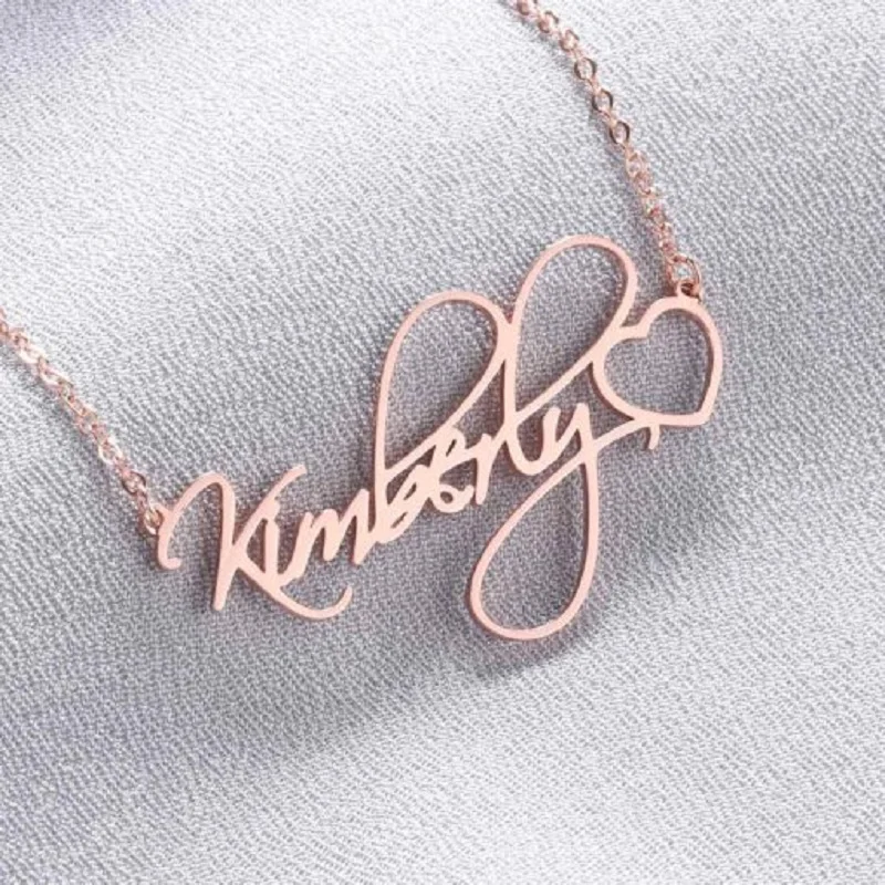 

Personalized Cursive Script Necklace With Heart Custom Name Necklaces Cursive Handwriting Stainless Steel Jewelry Unique Gift