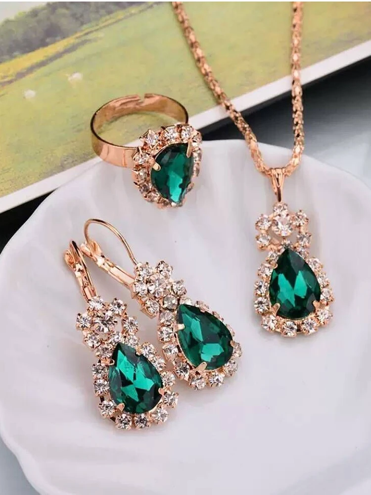 Fashion Income European and American Jewelry Pendants Earrings Ring Sets Fashion Bridal Decoration Colorful Three Piece Gifts