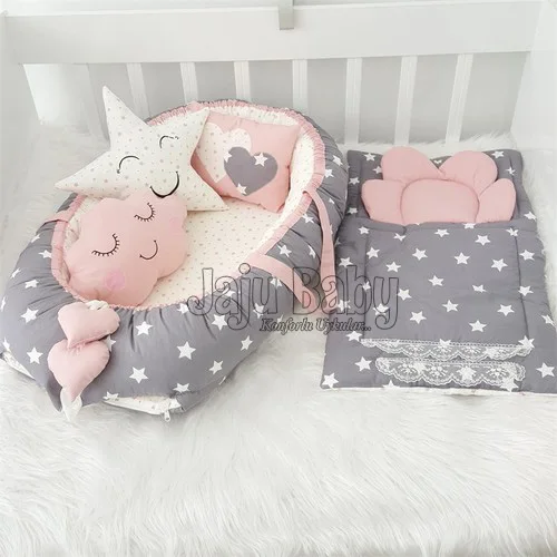 Jaju Baby Handmade Gray and Powder Star Orthopedic Luxury Babynest 5 Piece Set Baby Crib Bedding Set Mother Side Portable Bed