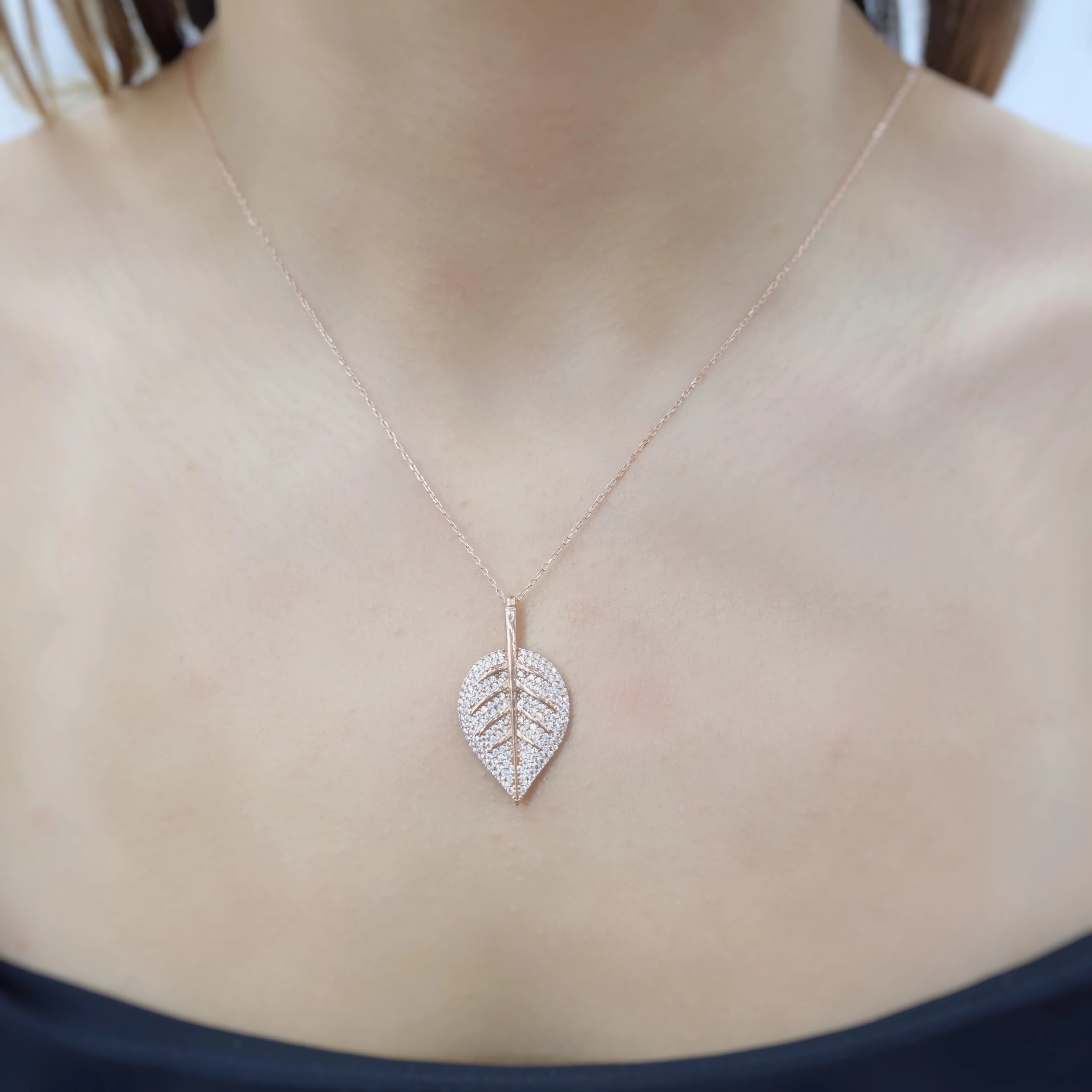 

White Leaf 925 Sterling Silver, Gold, Rose Plated Zircon Necklace For Women Girls Handmade Fashion Jewelry Elegant Minimalist