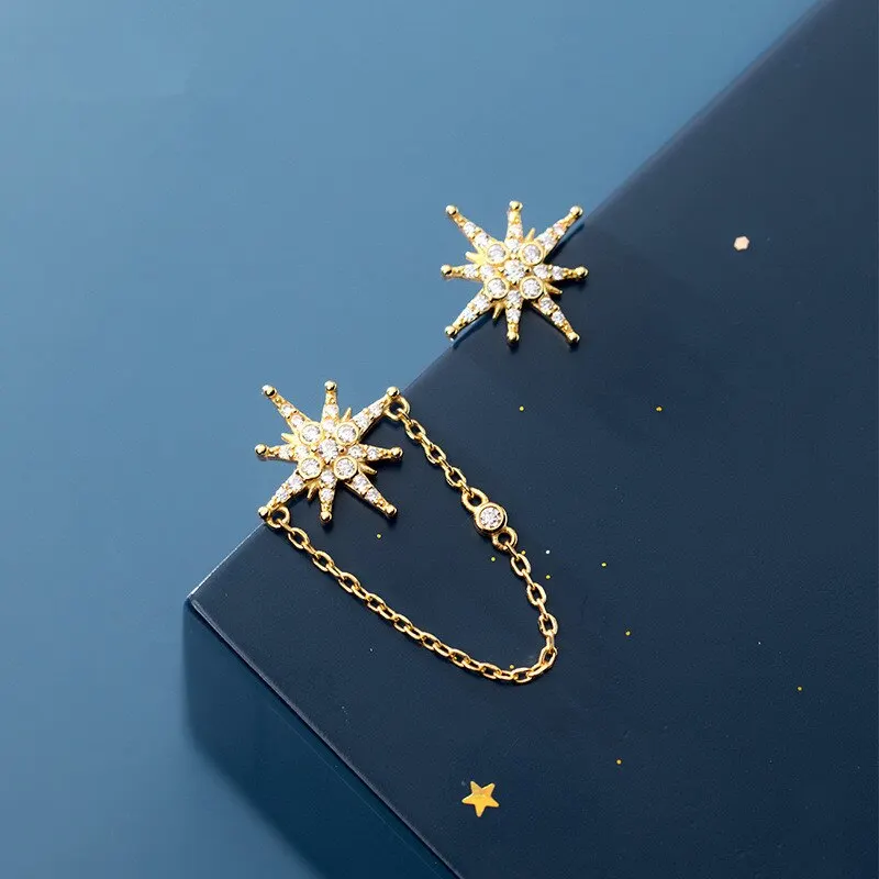 

A00796 Jazaz 925 Sterling Silver Creative Light Star Cuban Chain Stud Earrings for Fashion Women Punk Party Jewelry