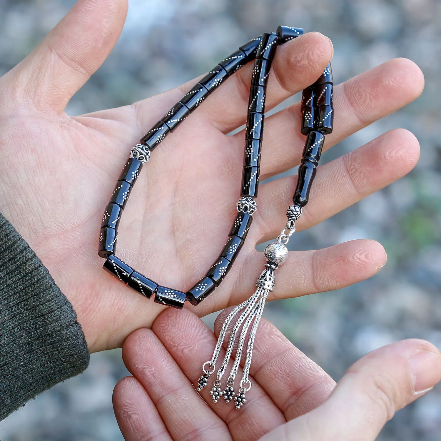 

Cut Model Silver Inlaid Oltu Stone Tasbih Fashion Turkish Premium Quality Handmade Jawelery