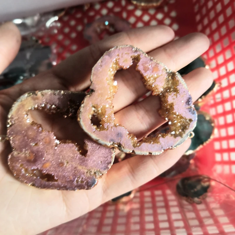 

Big pink Crystal necklace pendant Gold Plating Irregular Natural agates Druzy Stone earring Pendant For women Jewelry Making