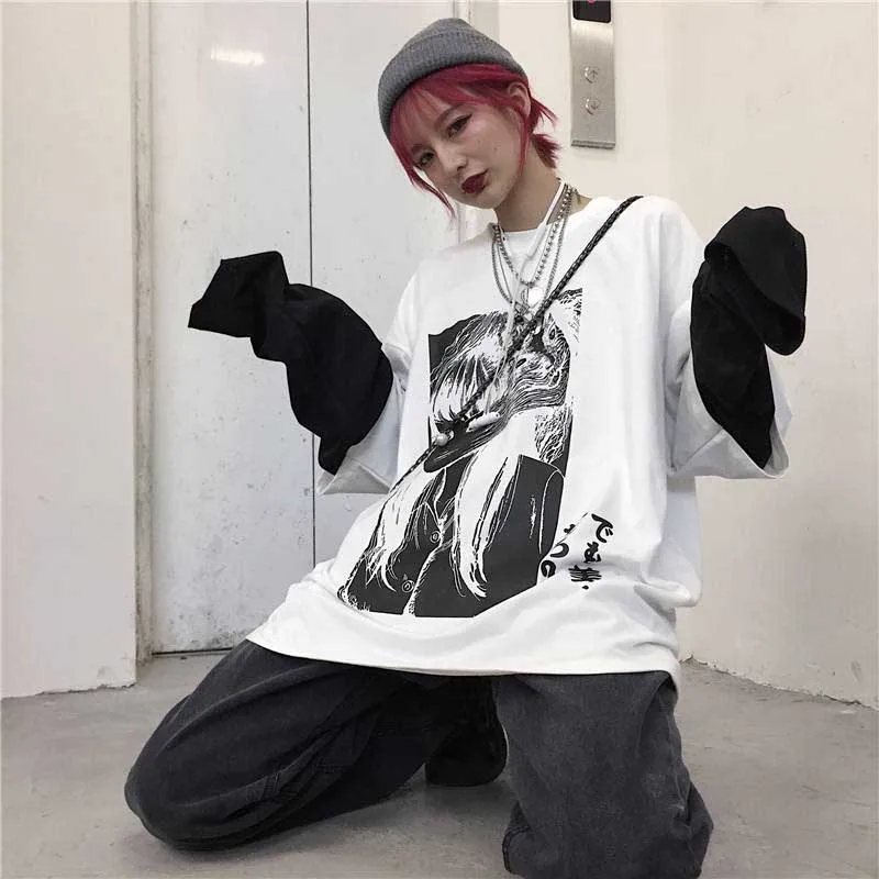 NiceMix Harajuku футболка женская поддельная 2 шт. принт японский Fujiang Ужасы комиксы длинный рукав рубашка Женская Vetement Femme