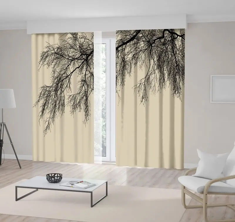 

Curtain Tall Birch Tree Old Branches Silhouette Forest Nature Beige and Black Realistic Illustration