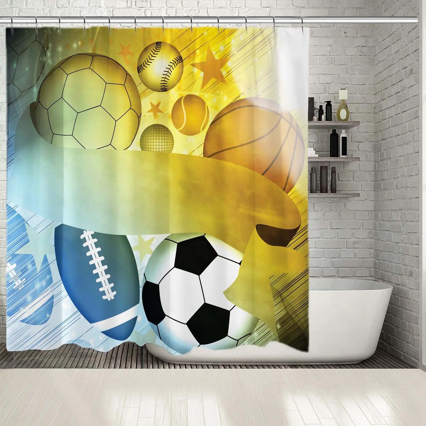 Душ Шторы Бейсбол Футбол баскетбольный мяч для регби спортивных шаров на синий