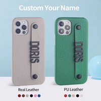 black metal personalization your name pebble grain leather phone case for iphone 12 11 13 pro xs max xr 7 8p real leather case