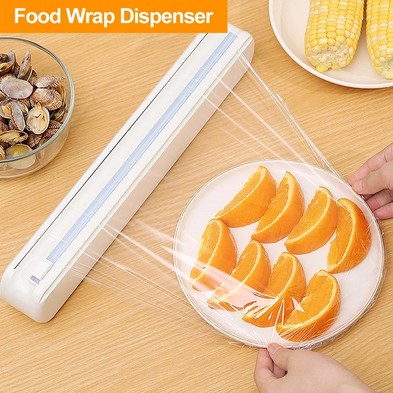 

Punch-Free Food Wrap Dispenser with Slide Cutter Plastic Foil Cling Film Storage Holder Kitchen Accessories for Convenience