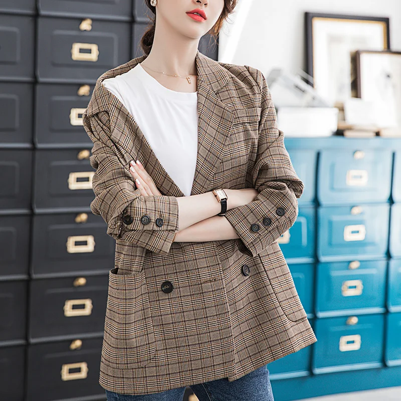 Женский винтажный Блейзер Lenshin свободная Толстая клетчатая куртка в английском