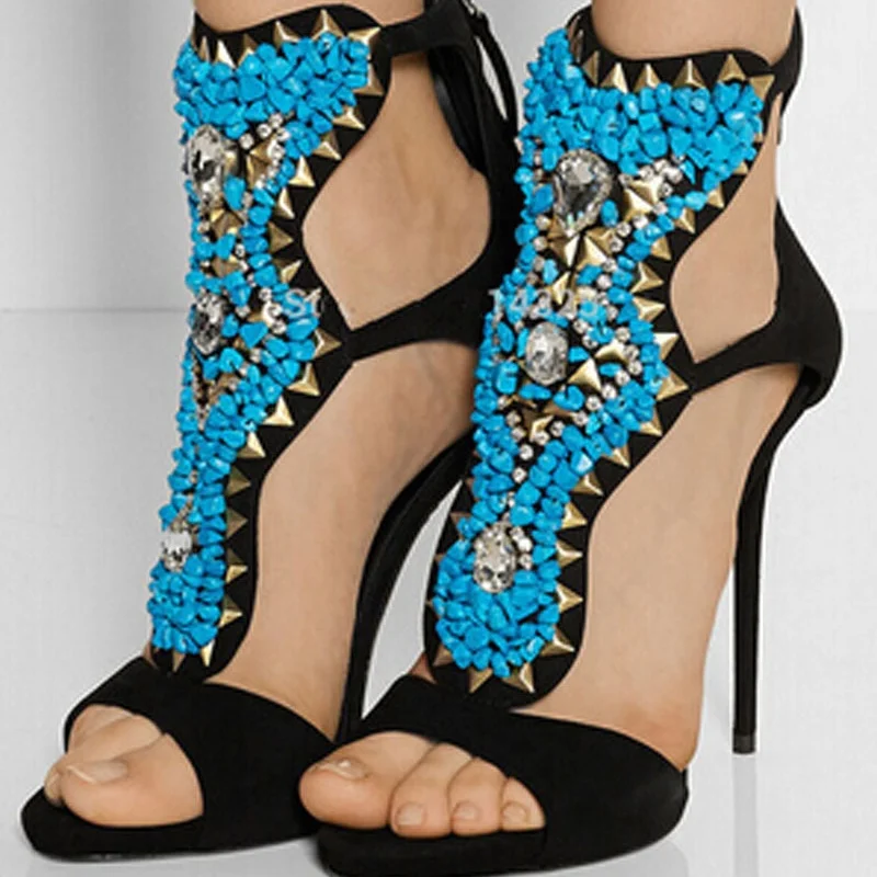 

newest open toe ankle strap high heel sandals crystal and rivets studded embellished gladiator sandals
