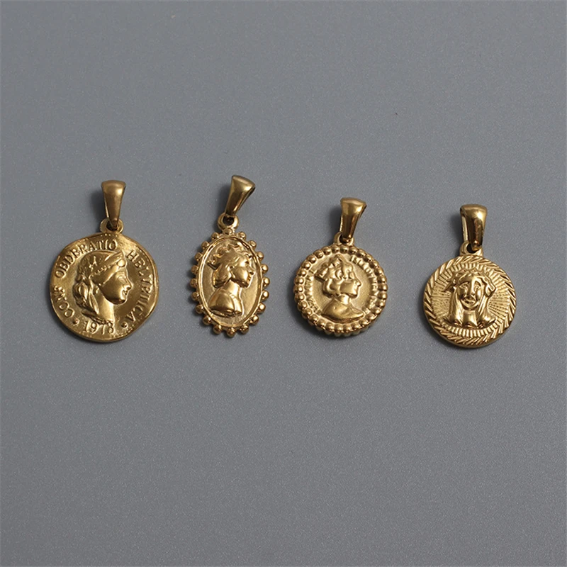 

MODAGIRL 18K Gold Stainless Steel Antique Pendant Art Sculpture Queen Elizabeth Medallion Medal DIY Charm without Chain Necklace