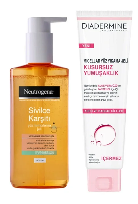 

neutrogena Sivilce Karşıtı Yüz Temizleme Jeli 200 Ml Ve Dıadermıne Kusursuz Yumuşaklık Yüz Yıkama Jeli 150ml