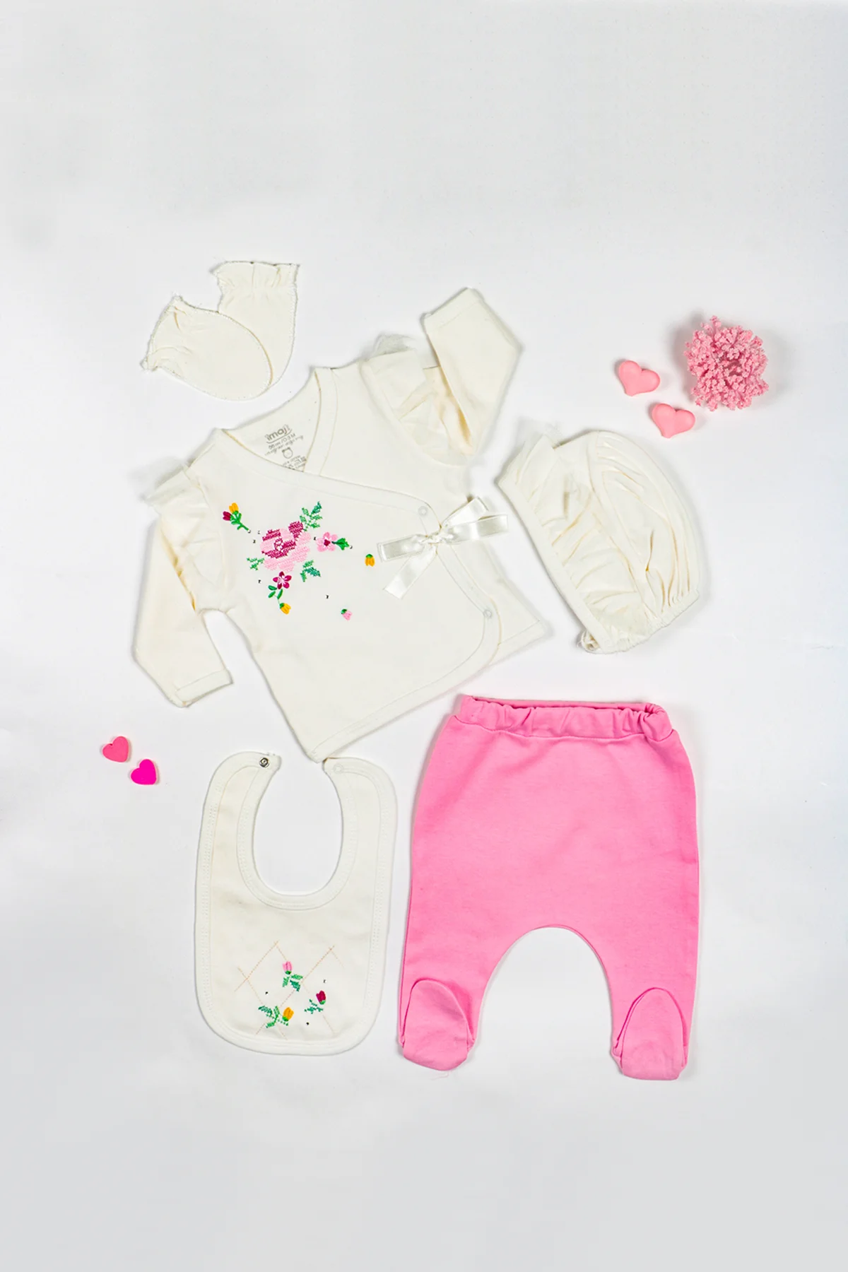 

Rose Cross Stitch With 5 Pieces Newborn Baby Girl Hospital Outfit Cotton