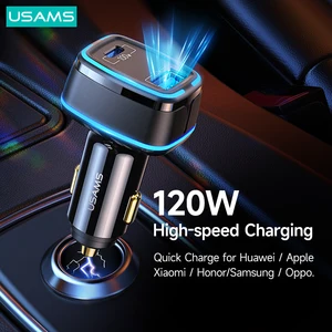usams 120w powerful fast charge car charger with led lights for iphone xiaomi huawei samsung laptop tablets usb a c car charger free global shipping