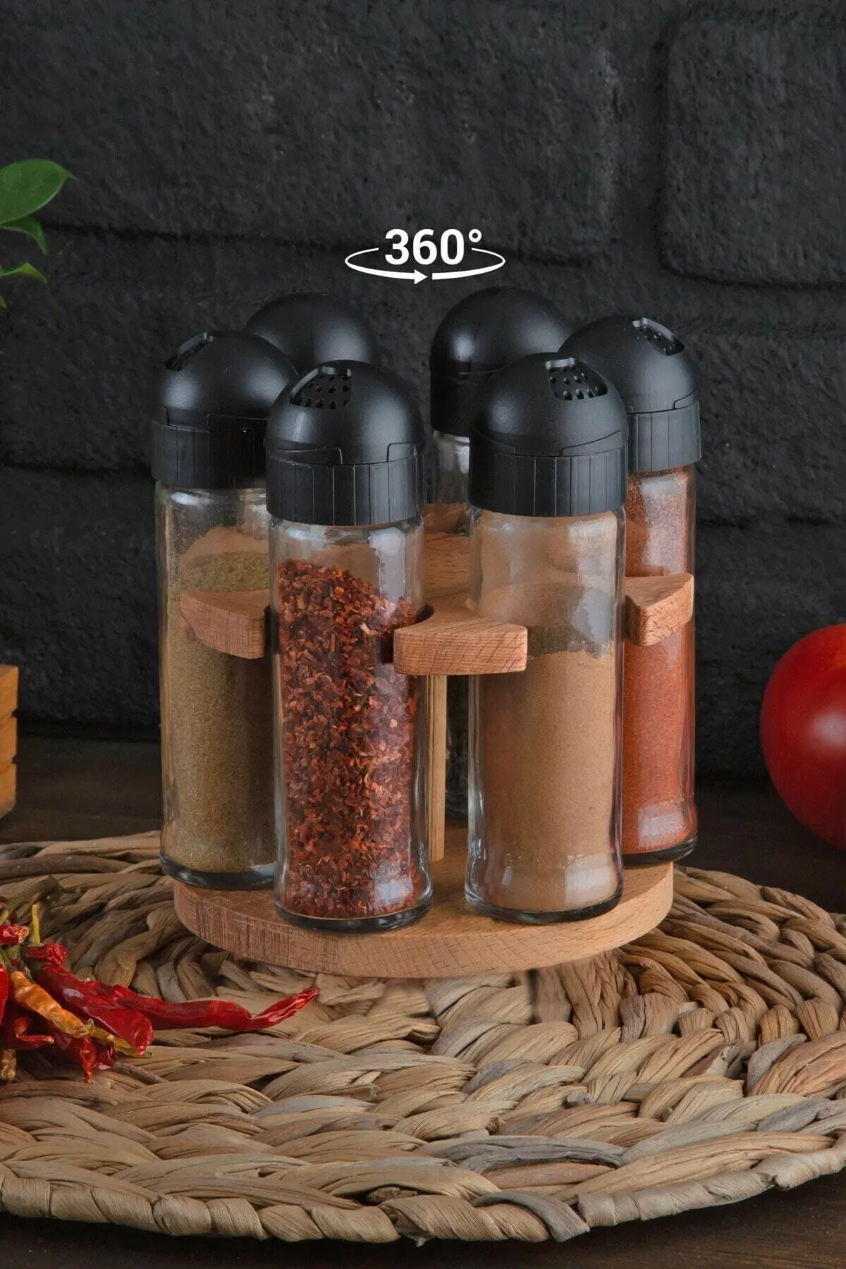 Spice Jars Set Organizer Kitchen Storage Holder 6pcs Wood Glass Turkish Handmade Stylish Kitchen Decorative Organizer