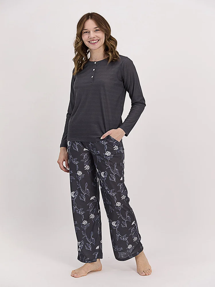Floral Patterned Trousers And Striped Top 2-Piece Navy Blue Color Modal Fabric Women's Winter Pajamas Set