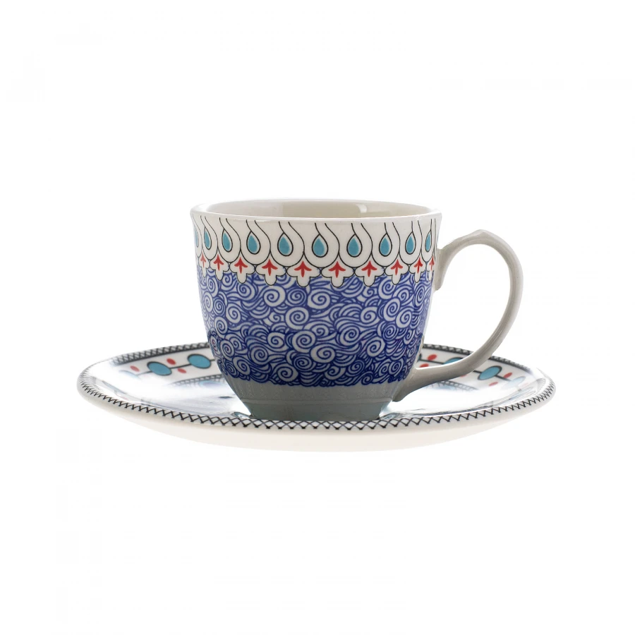 Karaca Mai Selcuklu Seljuk Porcelain Turkish Coffee Cups Boxed Set with 2 Cups and 2 Saucers Tea Coffeeware Glass Drinkware