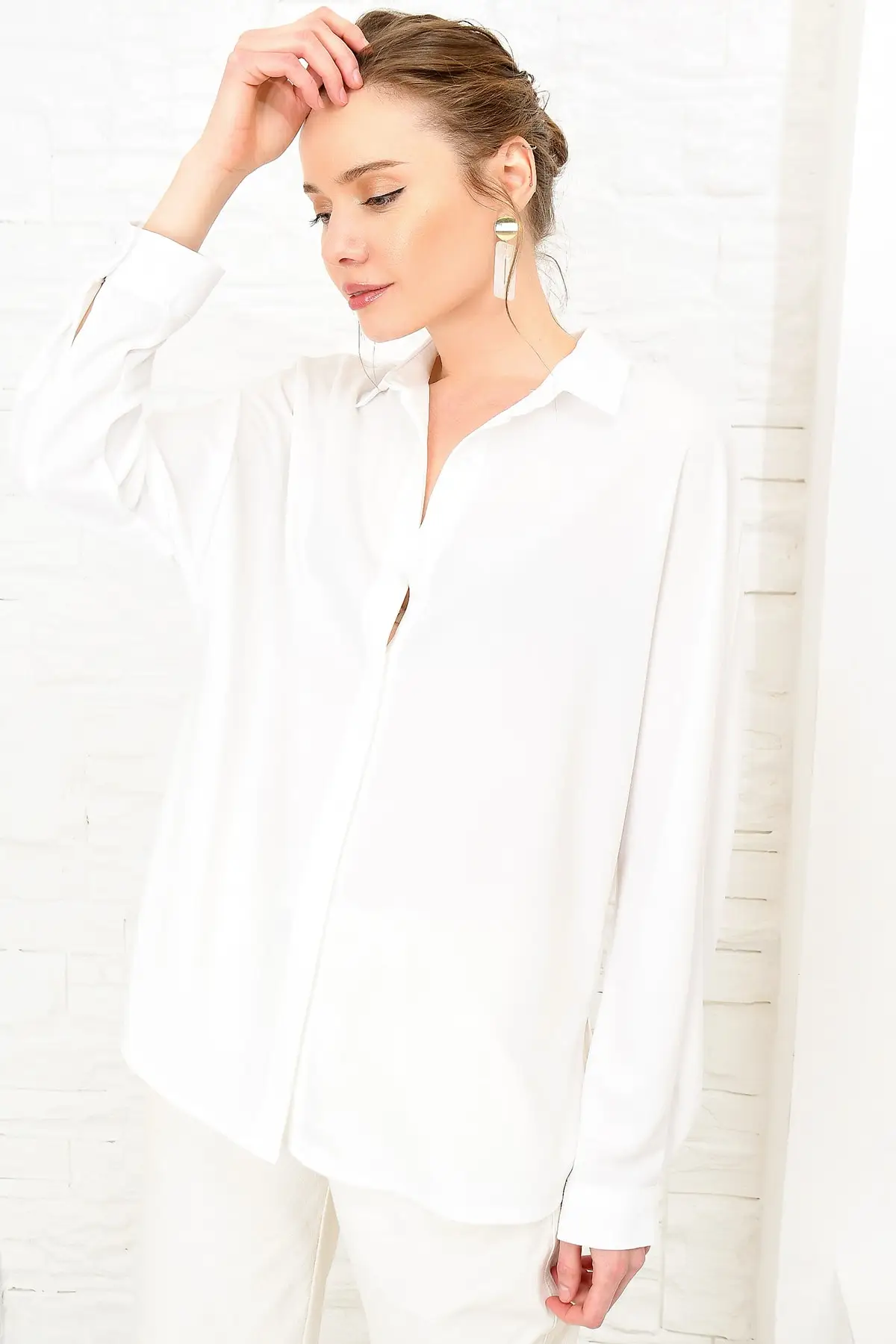 Trend Alacati Style Women So Slits Boyfrıend Crep Shirt DNZ-3166 |