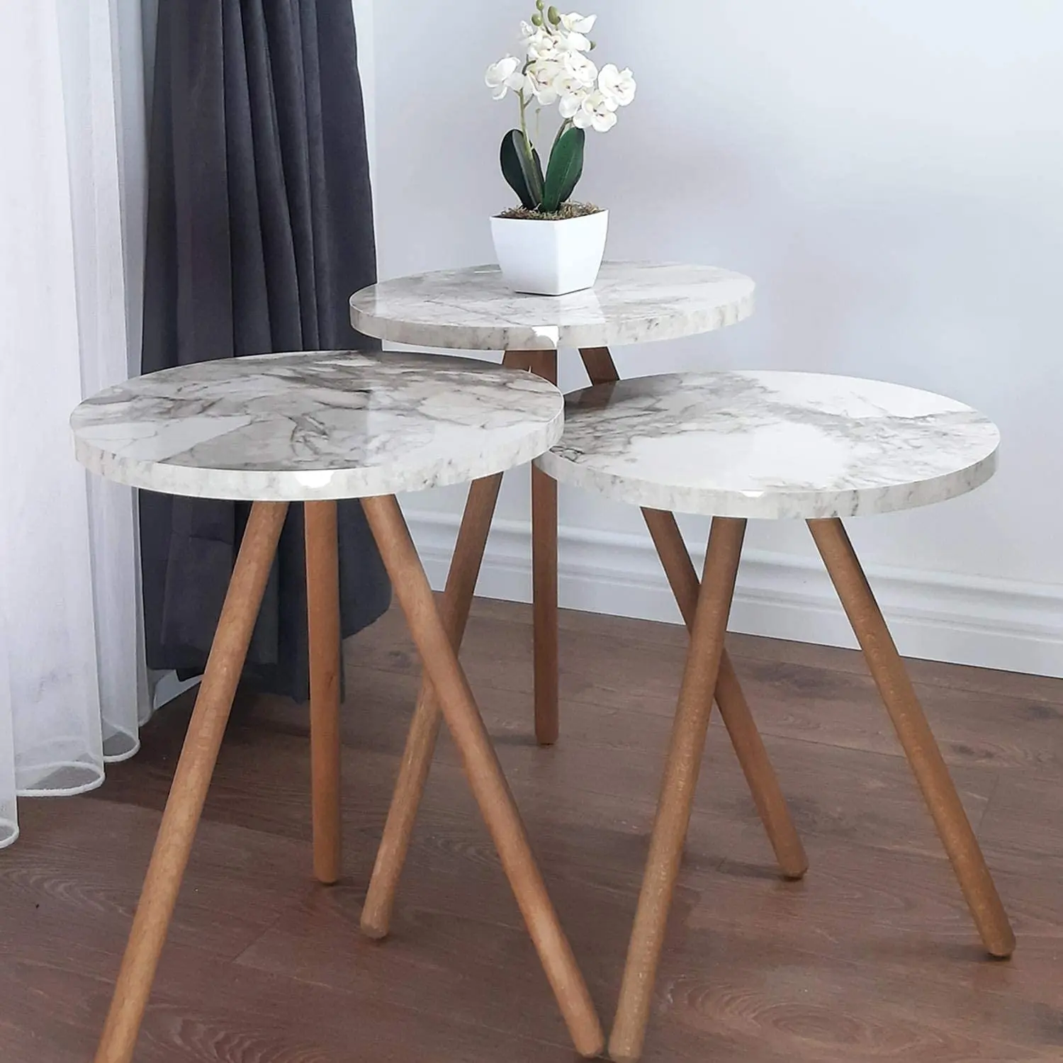 

Modern Coffee Table 3 Pieces Scandinavian Wooden Leg Round Marble Pattern De-mounted Tea Coffee Service Table Living Room