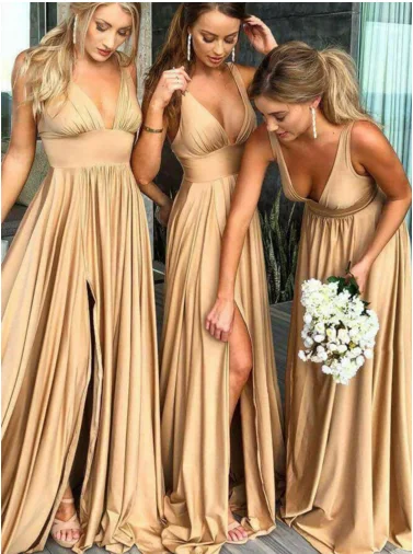 A-Line Глубокий v-образным вырезом развертки Поезд Шампанское атласное без спинки