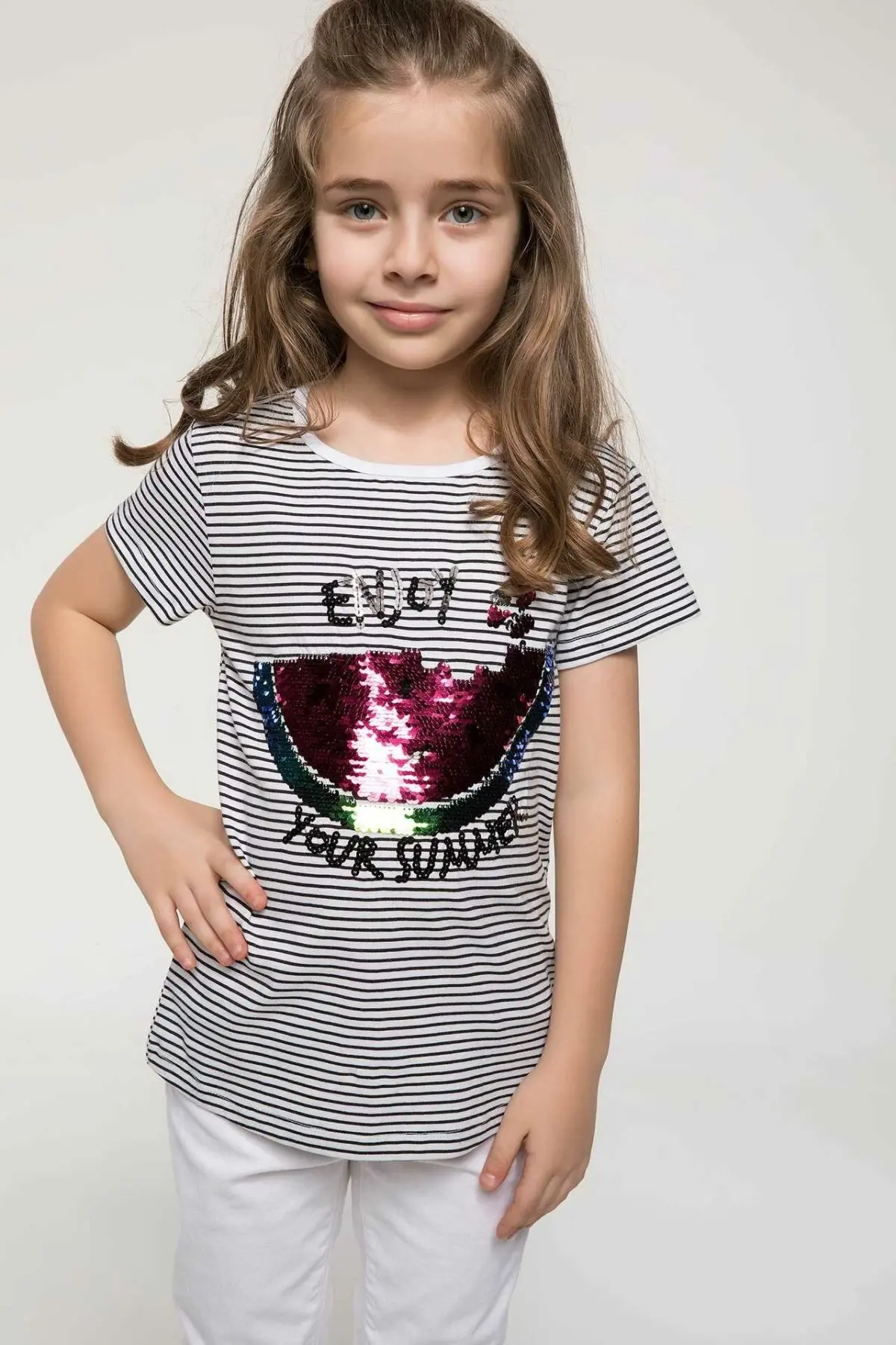 DeFacto Girl Summer Sequins Top Tees Girls Casual Striped T-Shirts Kids White Black Striped Short Sleeve Body Tees-J3925A618HS