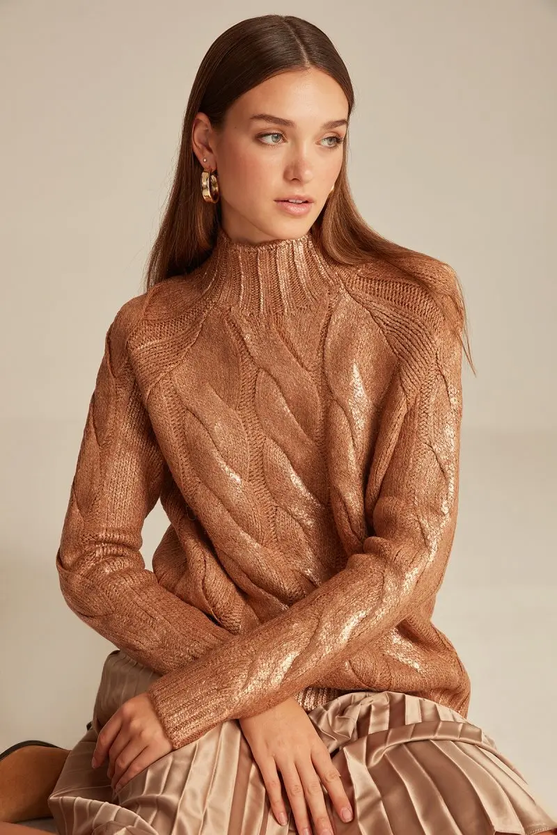 Joinus Printed Cable Knit Jumper With Turtle Neck Woman Brown pullover кофта женская свитер женский sexy women |